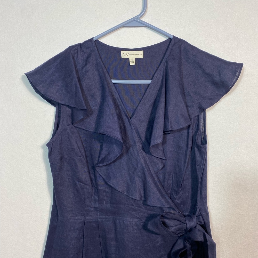 Neiman Marcus Navy Linen Wrap Dress size small - Picture 2 of 11
